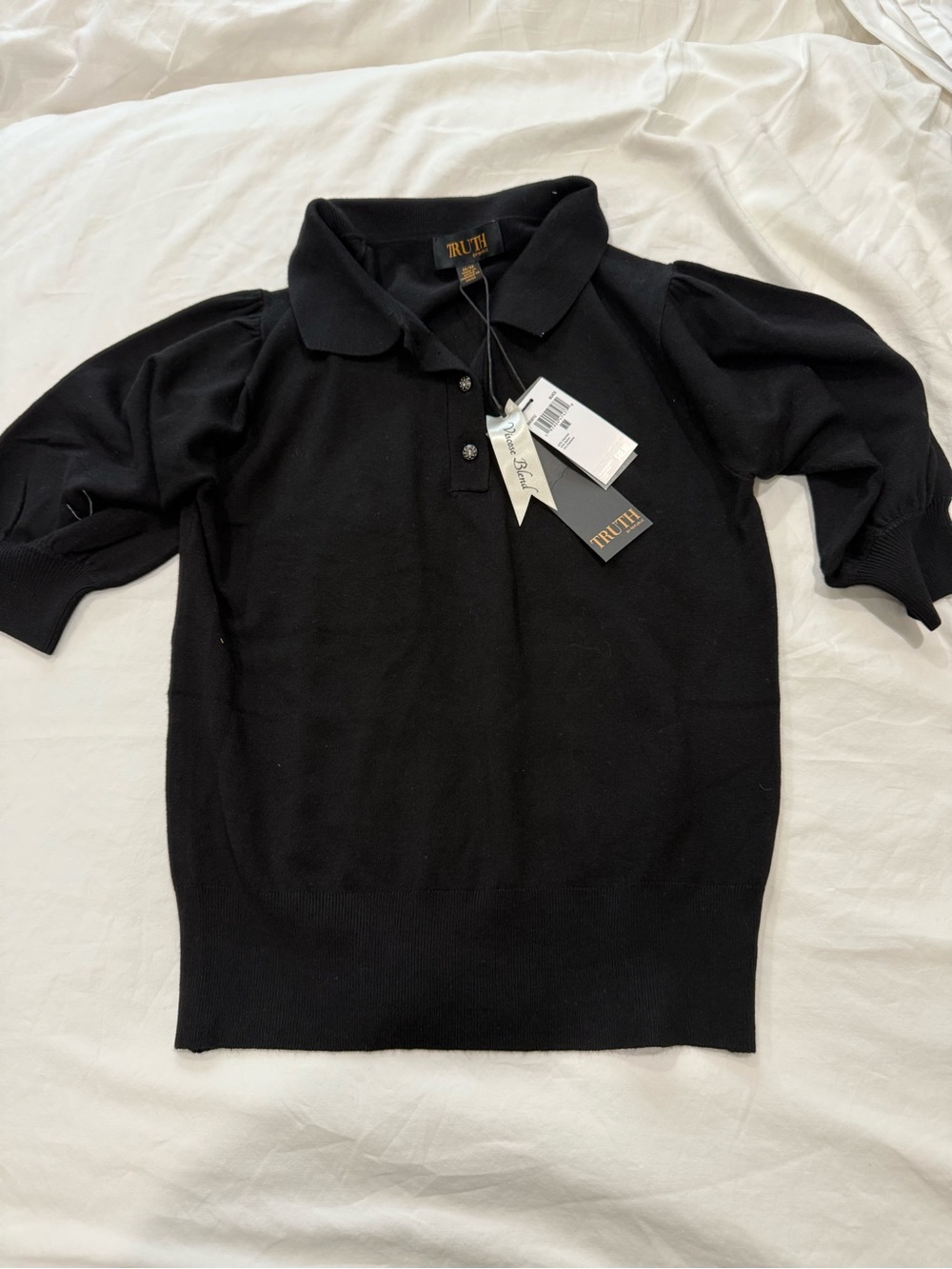 TRUTH Black Polo-Style Puff Sleeve Sweater NWT
